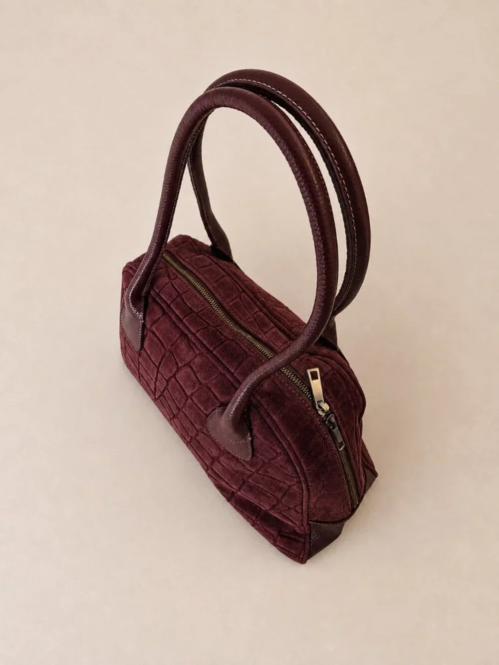Burgundy Italian Leather & Croc-Embossed Suede Shoulder Bag – Large Dome Handbag